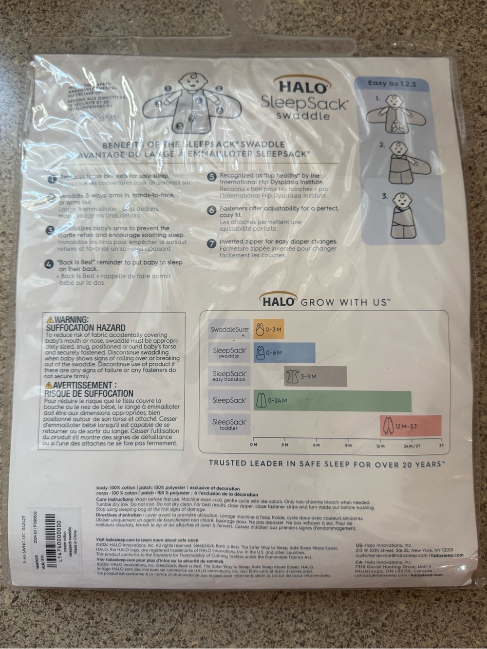 NWT HALO SleepSack Swaddle Cream Cotton Unisex Newborn 0-3 TOG 1.5 - Picture 3 of 3